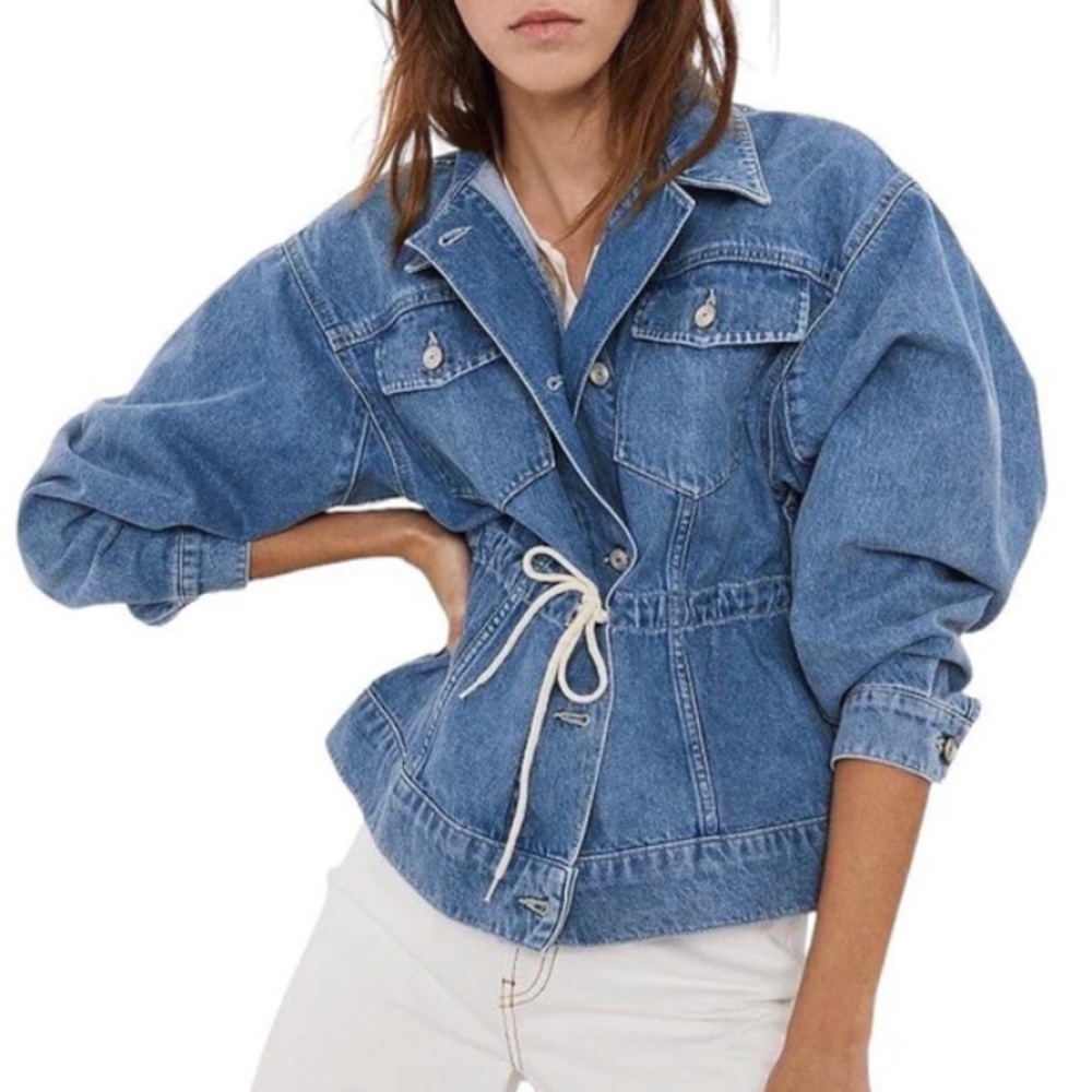 Ba&Sh Edson Denim Collared Button Front Drawstring Waist Utility Jacket